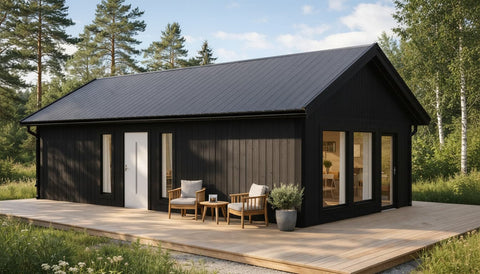 Attefallshus Norrskär 2-rum med svart fasad och stora fönster, altan på markplan