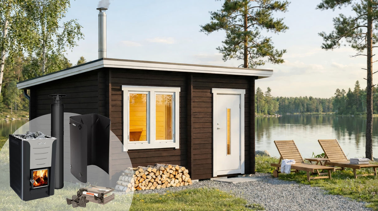 Bastupaket: bastuhus med svart kamin och skorsten, samt staplade bastusten