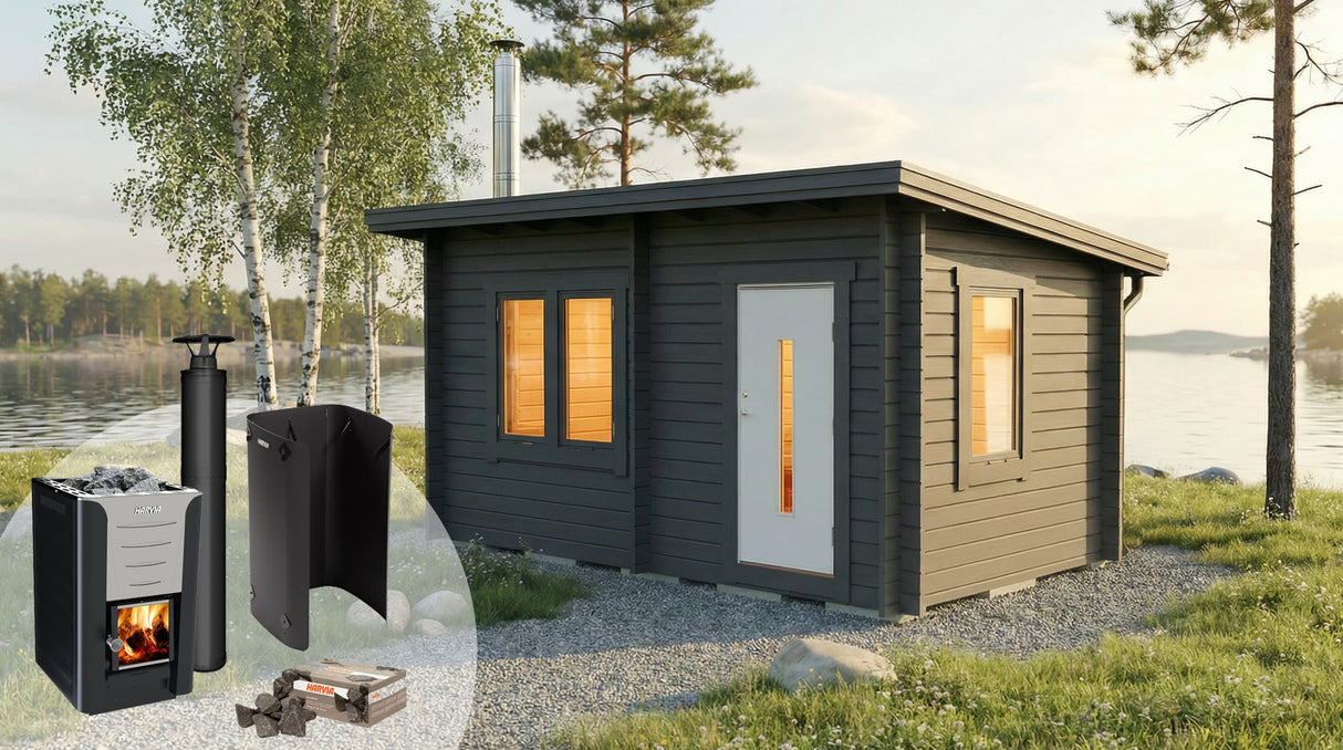 Bastupaket Bastustuga Skogskär Funkis 12 kvm & Hariva 20 Pro