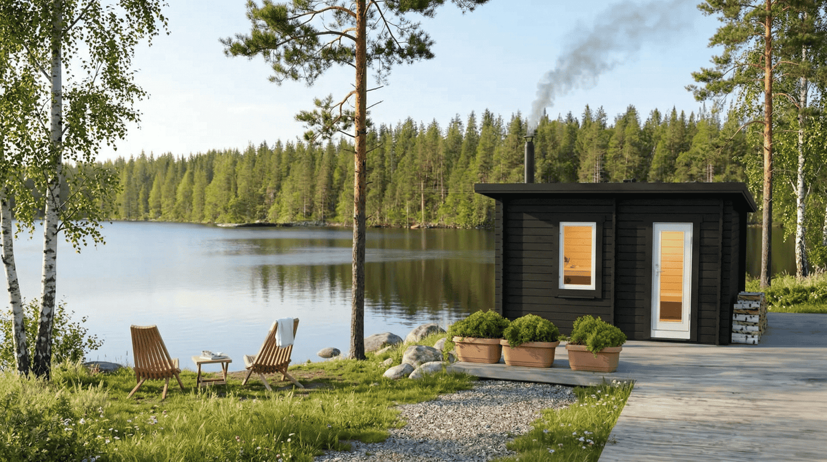 Mörk stuga i funkisstil med två fönster, entrédörr och trätrappsteg vid sjö