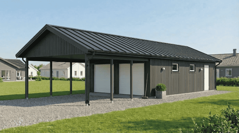 Garage med carport, mörkgrått tak och brun fasad med stora skjutportar