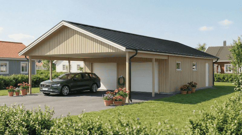 Dubbelgarage med carport i ljus träfasad, mörkt tak och stora garageportar