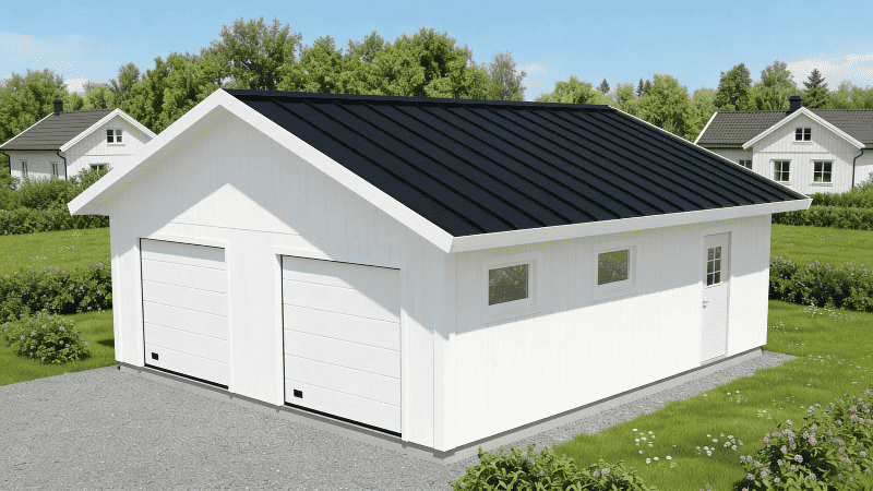 Dubbelgarage med vita väggar och mörkt sadeltak, två breda garageportar