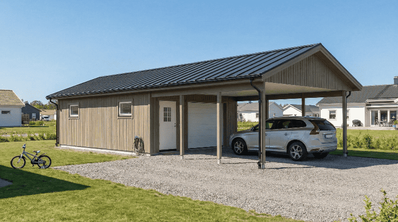 Enkelgarage med carport, ljus träpanel, sadeltak och öppna carportstolpar