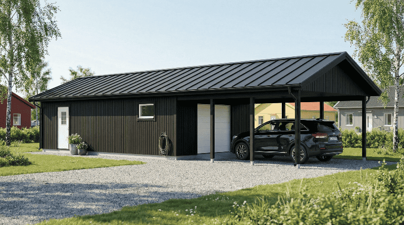 Garage med carport, mörk fasad och skjutport samt sidofönster
