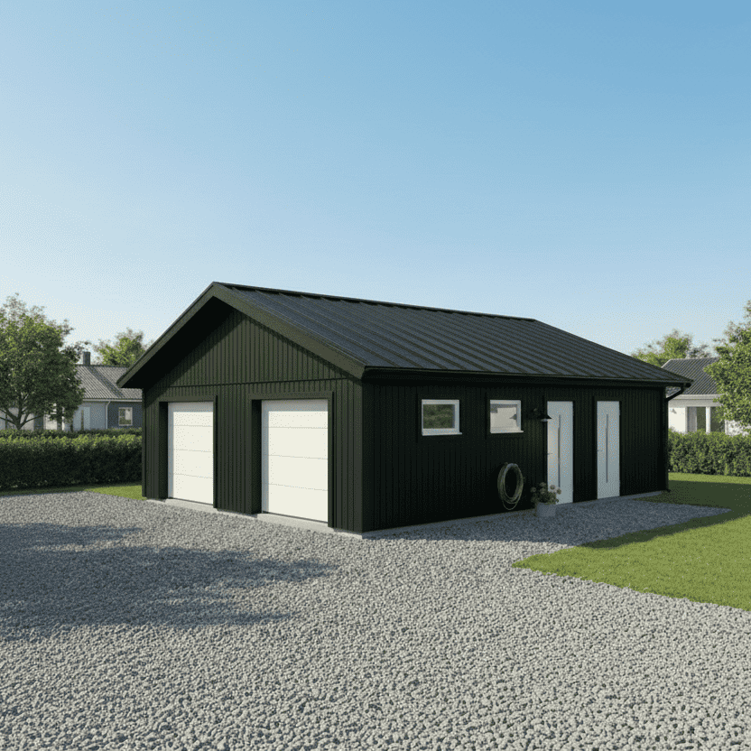 Dubbelgarage med mörk fasad och sadeltak, två vita garageportar och sidodörr.
