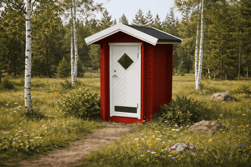 Trädgårdsbod med röd panel och vit dörr, svart tak och fönsterlucka