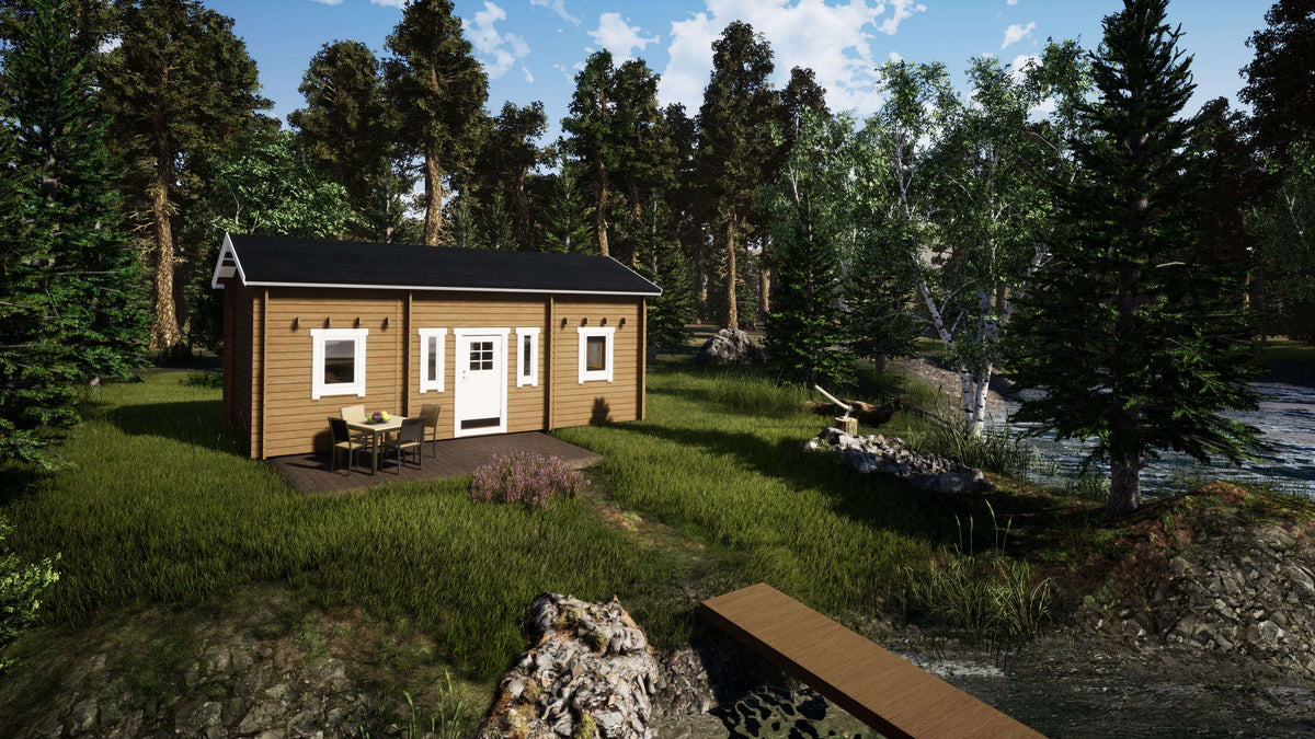 Attefallshus Lövskär Loft Torp 30 kvm, sidovy med veranda och flera fönster.
