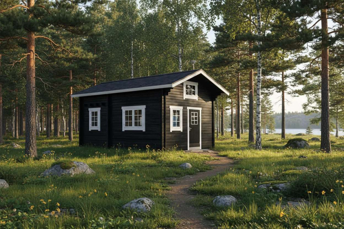 Attefallshus med mörk fasad, vita fönster och verandadel i skogsmiljö.