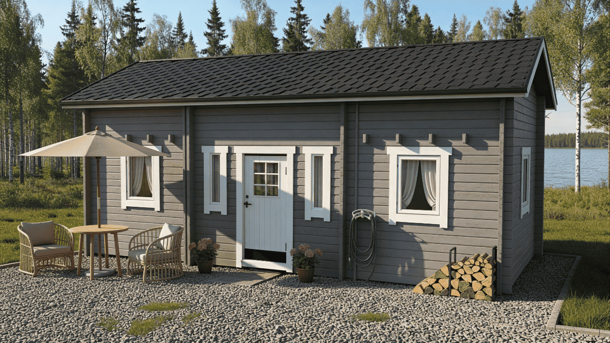Attefallshus Lövskär Loft Torp 30 kvm, fasad med veranda, altanmöbler och stenlagd yta.