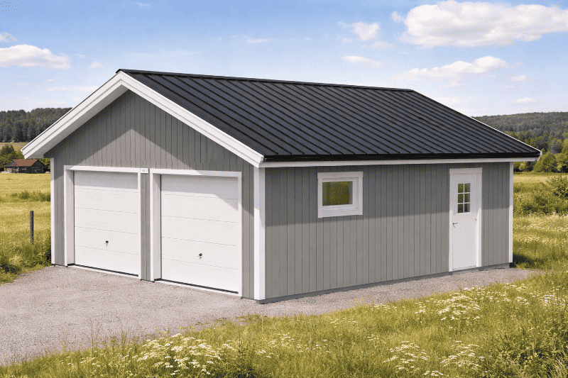 Dubbelgarage med två vita portar, grå fasad, svart tak och sidodörr