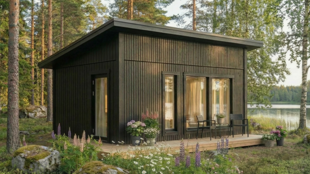 Attefallshus exteriör med svart fasad, stora fönster och entrédörr