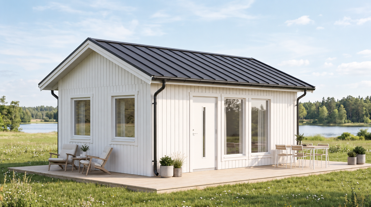 Attefallshus med ljus träpaneler, svart tak, fönster och entrédörr