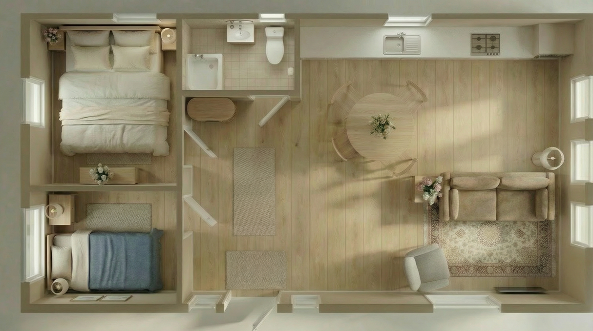 Attefallshus Norrskär 2 rum, Kök/allrum och toalett 49kvm