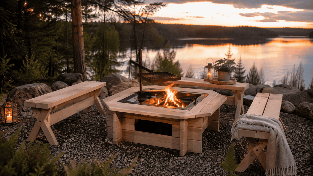 Grillplats i trä med öppen eldstad och tre bänkar för utomhusbruk