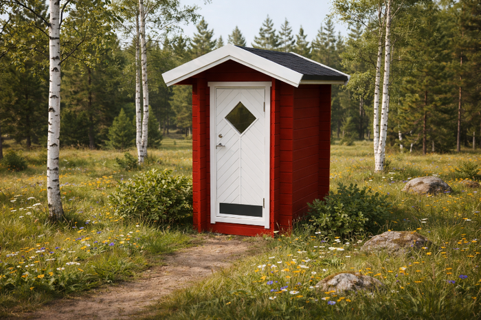 Trädgårdsbod med röd panel och vit dörr, svart tak och fönsterlucka