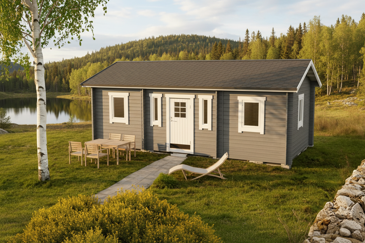 Attefallshus Aspen Torp 30 kvm med utemöbler