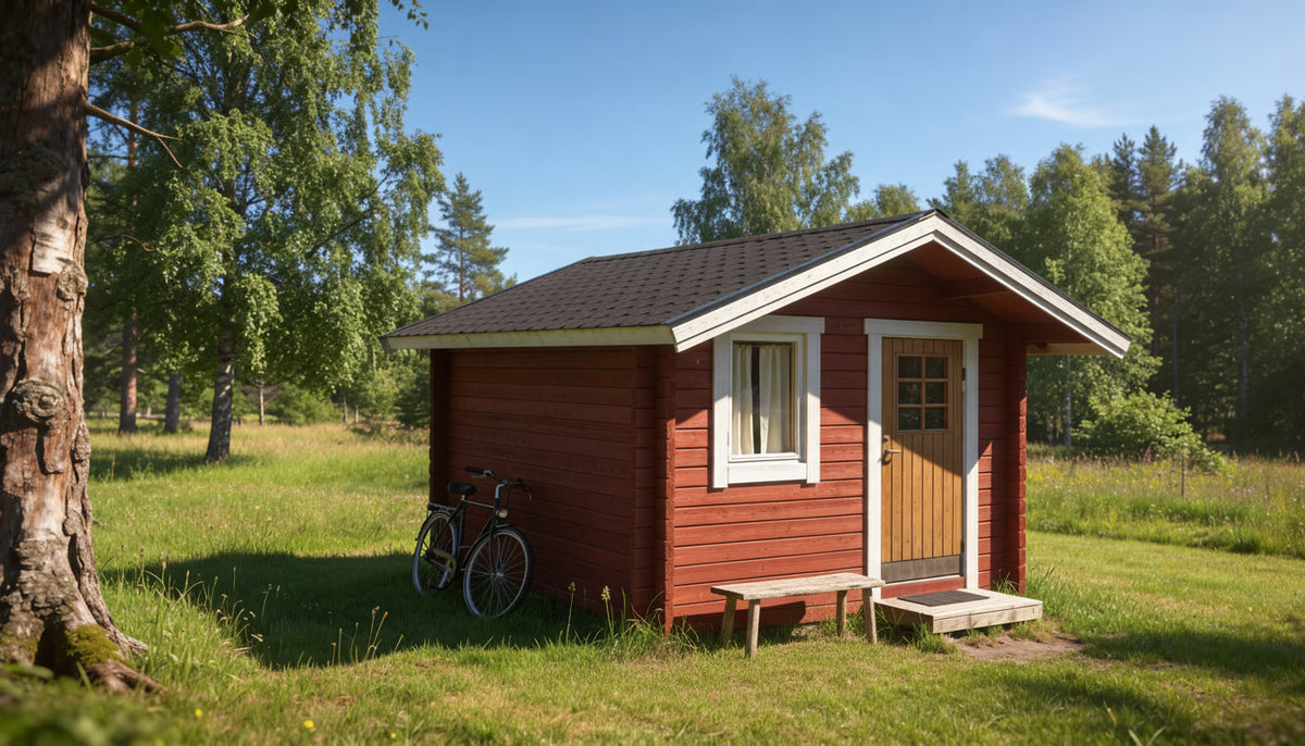 Träfriggebod med pulpettak, altandäck och dörrparti, Hunden Original-modell.